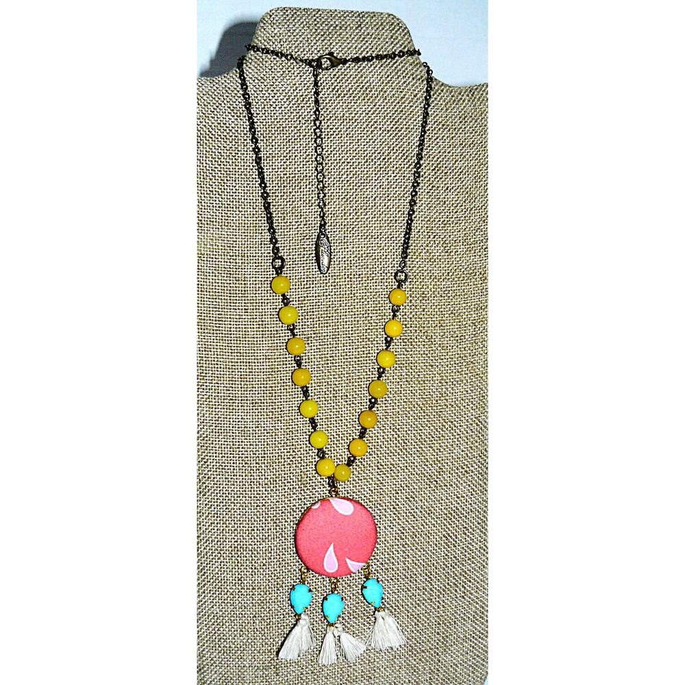 Plunder Design Boho Tassel Statement Necklace Yello Beads Fabric Covered Pendant